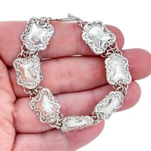 1920s Antique Sterling Silver 925 Repousse Link Bracelet 7"